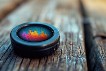 A dark, circular device displays a vibrant, colorful sound wave or equalizer pattern. It rests on a rustic wooden table, showcasing modern technology on an aged surface.