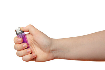 Child hand holding a small lighter close-up on a transparent background.
