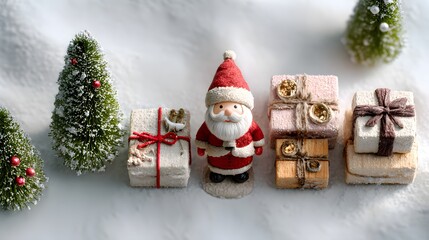 A miniature christmas scene with santa claus, trees, and decorative gift boxes on a snowy surface