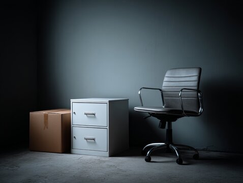 Empty office with chair, filing cabinet and cardboard box symbolizing job loss