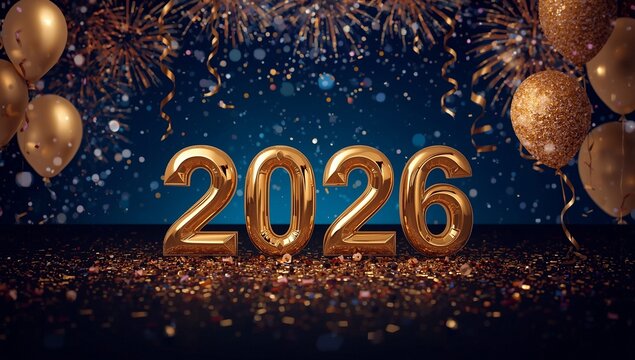 Die Zahl 2026 steht auf einem Tisch, daneben goldene Luftballone und Konfetti