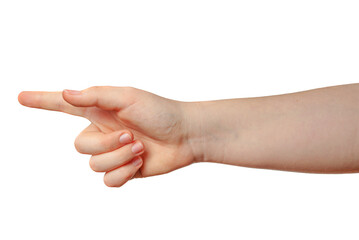 A pointing hand gesture with an extended index finger. On a transparent background.