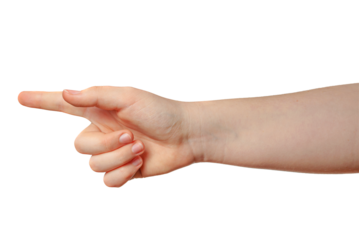 A pointing hand gesture with an extended index finger. On a transparent background.