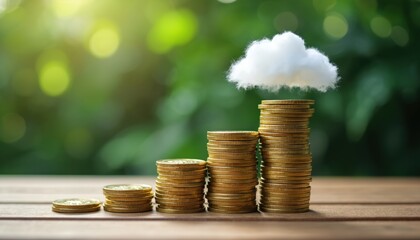 Golden coins stacked like bar graph with fluffy cloud on top. Represents financial growth, savings, budget, and expenses. Natural green bokeh background.