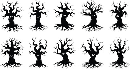 Ten spooky trees with faces, silhouetted against a white background.
