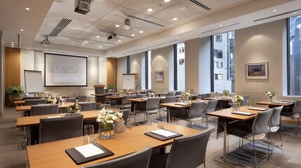 Modern corporate conference and training room with city views, prepared for business meetings and seminars