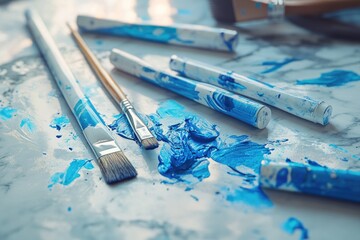 Art supplies close-up: paintbrushes resting amidst splatters of bright blue paint on a light artistic background.