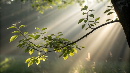 A serene river flows through a misty forest landscape at sunrise with trees and reflections visible