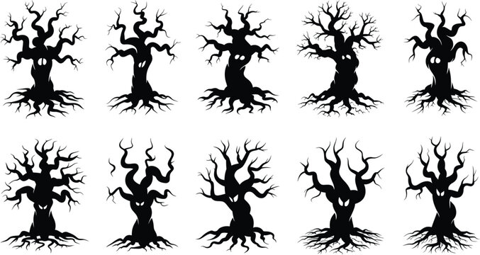 Ten spooky trees with faces, silhouetted against a white background.