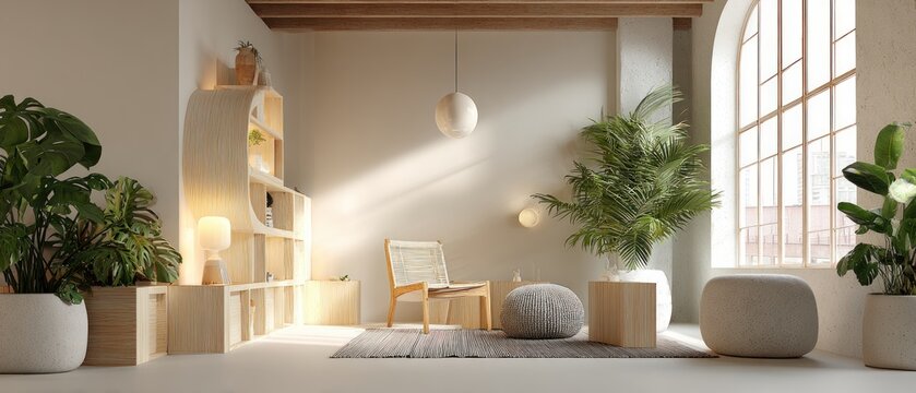 Bright and serene living room interior with abundant indoor plants, modern wooden furniture, and natural sunlight through an arched window - Powered by Adobe
