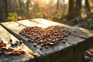 Warm golden sunlight illuminates a heart of roasted coffee beans on a weathered wooden surface in a tranquil forest setting.