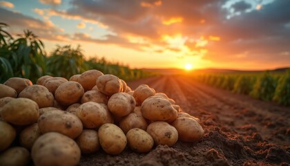 Pile of freshly harvested potatoes in field at sunset. Potatoes are dirty, have soil on them. Agricultural land with green plants on sides. Soil is tilled, has rows. Orange sun sets behind clouds.