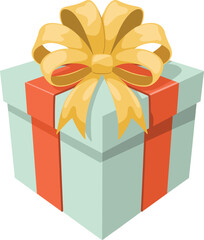 Gift box with decorative golden bow, festive present wrapped in ribbon, celebration surprise package, holiday greeting concept flat vector illustration