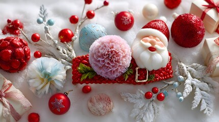 Festive christmas arrangement featuring santa claus ornament and decorative spheres on white surface