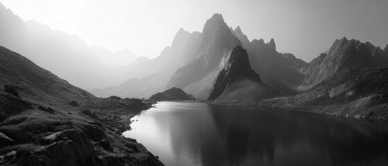 Majestic monochromatic mountain landscape with serene lake and hazy peaks under an atmospheric sky