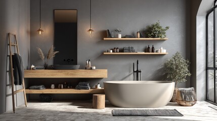 Stylish modern bathroom interior with freestanding bathtub, wooden vanity, textured walls, and warm lighting
