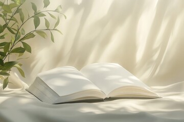 An open book with blank pages rests on draped fabric, illuminated by dappled sunlight and accompanied by green foliage, creating a serene, natural scene.