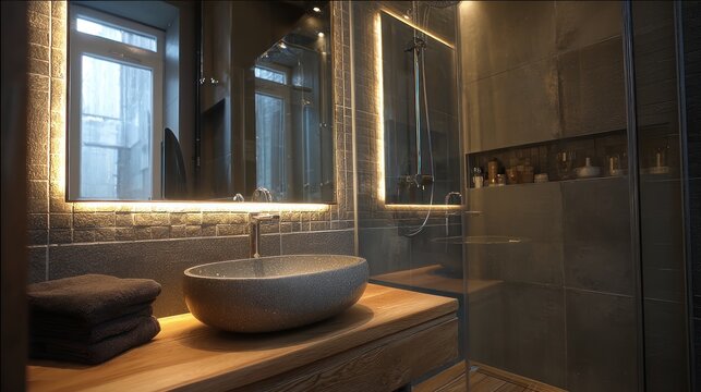 Modern bathroom interior with stone vessel sink, wood vanity, and illuminated mirror, featuring a glass shower and textured grey tiles. - Powered by Adobe