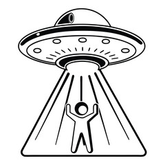 Doodle Style UFO Abduction with Beam, Human Figure and Warning Sign in Black and White