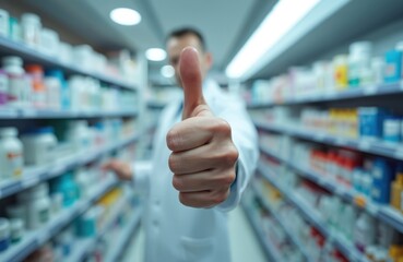 Pharmacist in white coat showing thumbs up. Man in drug store gives positive recommendation. Pro chemist employee recommends quality medicine. Health care industry. Drugstore service.