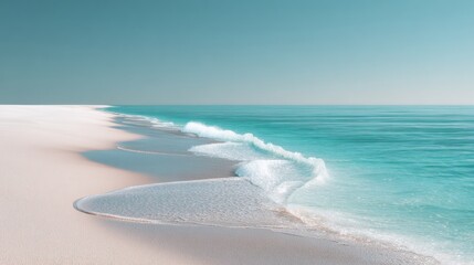 Tranquil tropical beach scene with turquoise ocean waves, white sand shore, and clear blue sky