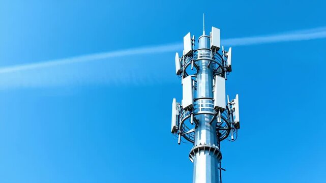 Medium shot focusing on a tall monopole wireless tower with antennas capturing the sleek design and modern technology used for cellular network coverage.