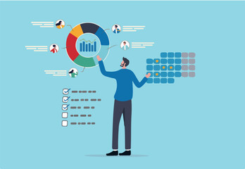 Resource planning or project management, ERP or marketing software, people or strategy to optimize process, client or CRM concept, businessman managing or analyze resource planning software pie chart