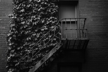 Monochromatic urban scene featuring a building wall covered in dense ivy, contrasted with a rusty metal fire escape and brickwork.