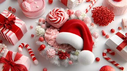 A festive christmas arrangement with santa hat gifts and sweets on a white surface top down view