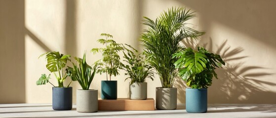 Contemporary indoor plant display featuring a diverse collection of green houseplants in stylish concrete pots, set against a warm beige textured wall with dynamic natural light and intriguing shadows