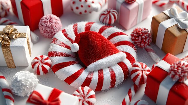 Festive christmas still life with santa hat on candy cane wreath and wrapped gifts around it - Powered by Adobe