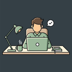 Person working on laptop at desk with lamp coffee and notebook productivity