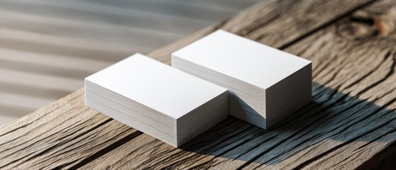 Blank white business cards mockup: two stacks on rustic textured wooden surface with strong sunlight and shadows, ideal for branding and stationery design presentation