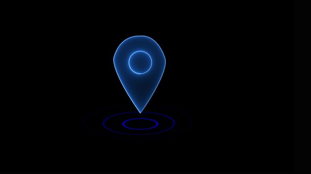 Abstract location glowing neon icon fast tracking map pin icon animation on black background.GPS location pointer animated with radio wave,