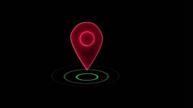 Abstract location glowing neon icon fast tracking map pin icon animation on black background.GPS location pointer animated with radio wave,