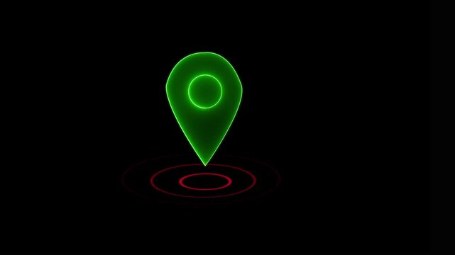 Abstract location glowing neon icon fast tracking map pin icon animation on black background.GPS location pointer animated with radio wave,