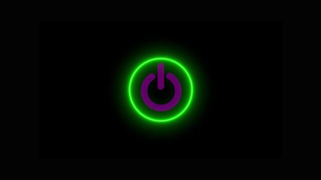 Neon glowing power button icon animated on a black background. Neon power reset button sign animation