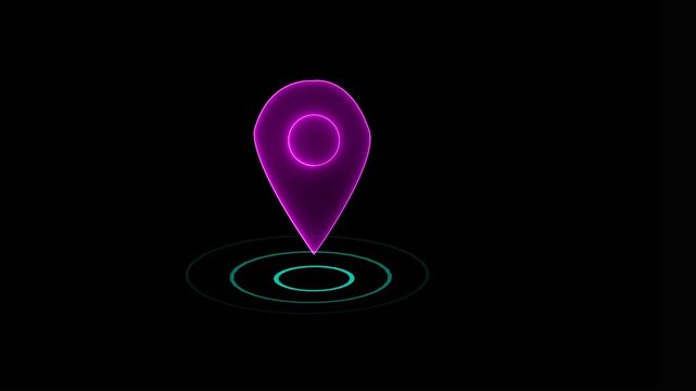 Abstract location glowing neon icon fast tracking map pin icon animation on black background.GPS location pointer animated with radio wave,