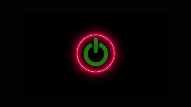 Neon glowing power button icon animated on a black background. Neon power reset button sign animation