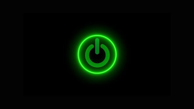 Neon glowing power button icon animated on a black background. Neon power reset button sign animation