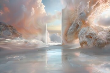 A bright landscape with large clouds surrounding open doors. The water reflects the soft lights and hues. It seems like a magical place outside of time