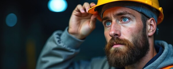 Worker wears yellow safety helmet, grey headband looking aside with serious intent. Bearded man adjusts headwear, serious blue eyes focused on task, industrial background. Photo shows man at work.