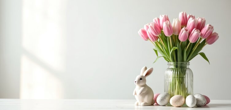 Glass vase with pink tulips stands on table next to rabbit figurine. Easter eggs lying nearby on bright background. Home interior with spring festive decoration details in soft morning light. - Powered by Adobe