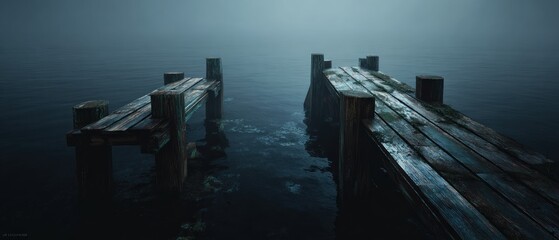 Two weathered wooden docks extending into a calm, misty lake, evoking a sense of solitude and mystery in a moody blue and teal landscape.