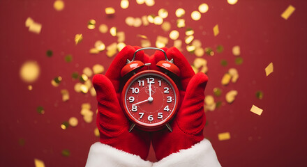 Hand holding Christmas alarm clock concept background 