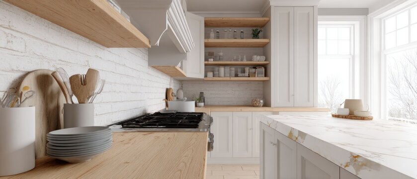Bright and inviting modern rustic kitchen interior featuring white shaker cabinets, natural wood countertops, a white brick accent wall, open shelving with decor, and a stylish marble island bathed in