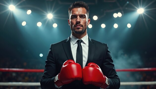Confident businessman in black suit stands ready for competition. Wears red boxing gloves in dramatic lit boxing ring. Man embodies determination, ambition for corporate success, leadership,