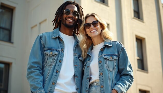 Smiling diverse couple pose in city. Interracial pair wear denim jackets, sunglasses. Young people hug, look cheerful. Fashionable friends enjoy urban lifestyle, show affection. Models stand against - Powered by Adobe