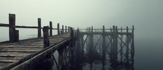 Weathered wooden pier extending into dense fog over calm, reflective water, creating a mysterious and melancholic coastal scene.