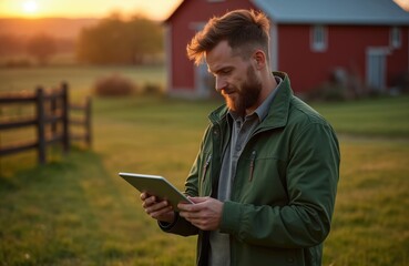 Fototapeta premium Farmer checks tablet near red barn at sunset. Man works on rural farm using tech device. Evening golden hour light illuminates grassy field and wooden fence.
